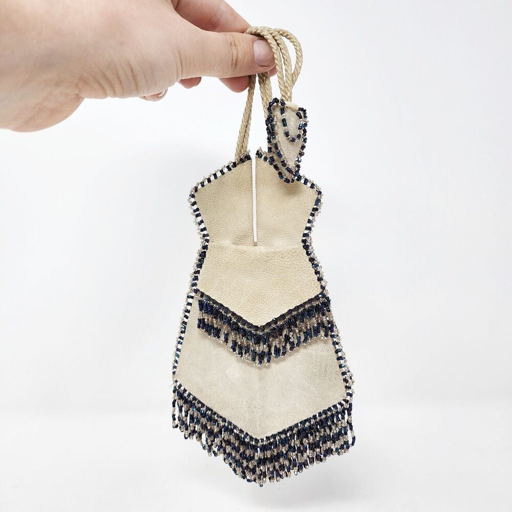 Antique Vintage Leather Beaded Folding Drawstring Purse Bag Reticule Wrist Bag